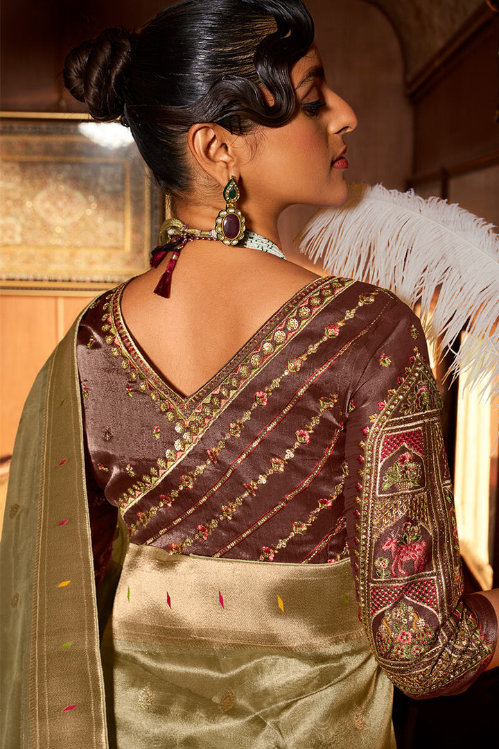 Olive Green Paithani Tissue Silk Saree With Embroidery Blouse