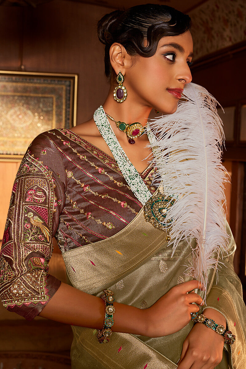 Olive Green Paithani Tissue Silk Saree With Embroidery Blouse