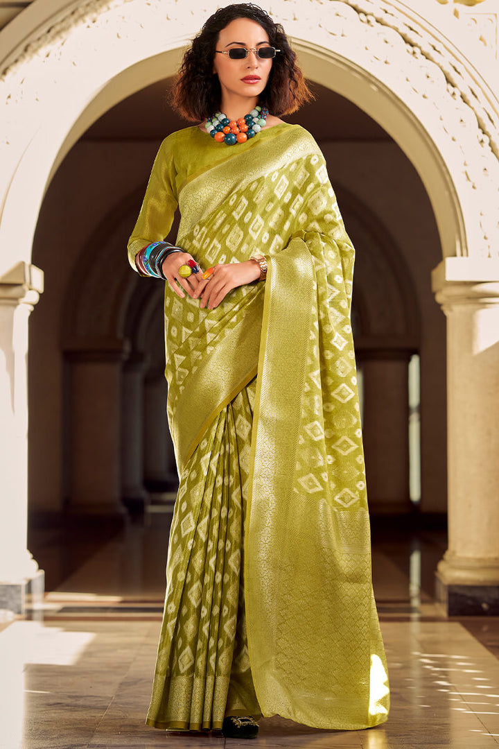 Olive Green Tissue Silk Saree