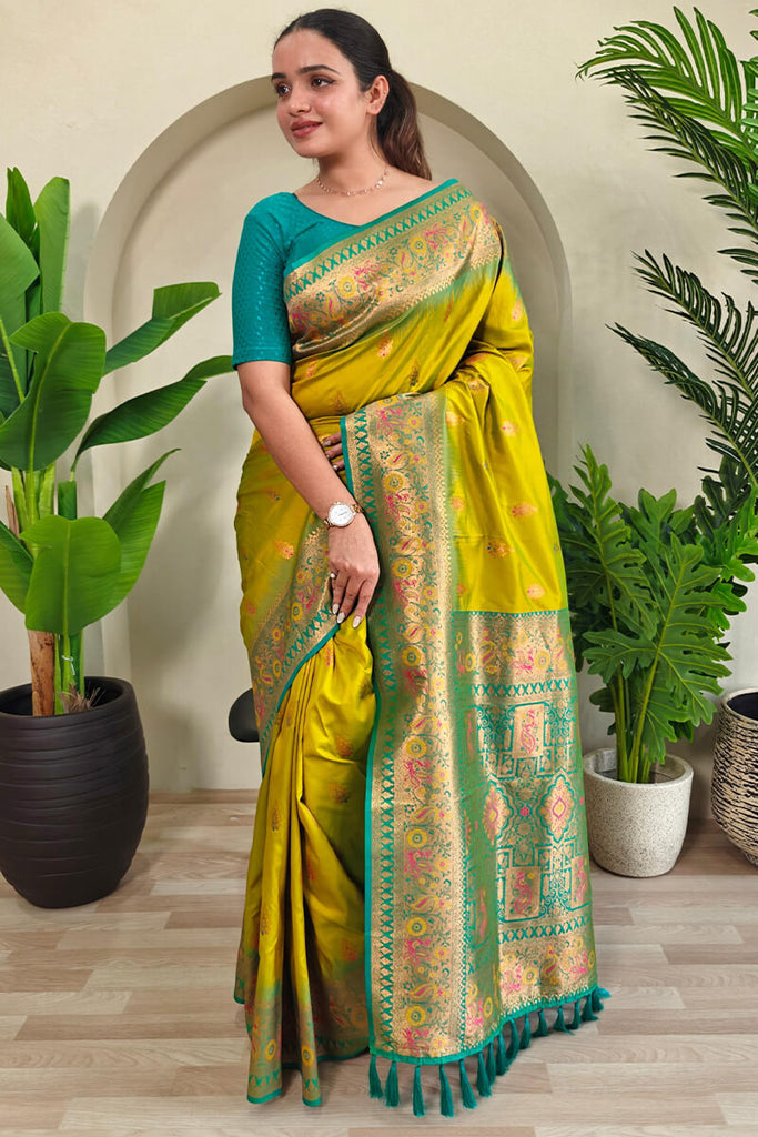 Olive Yellow Zari Woven Banarasi Silk Saree