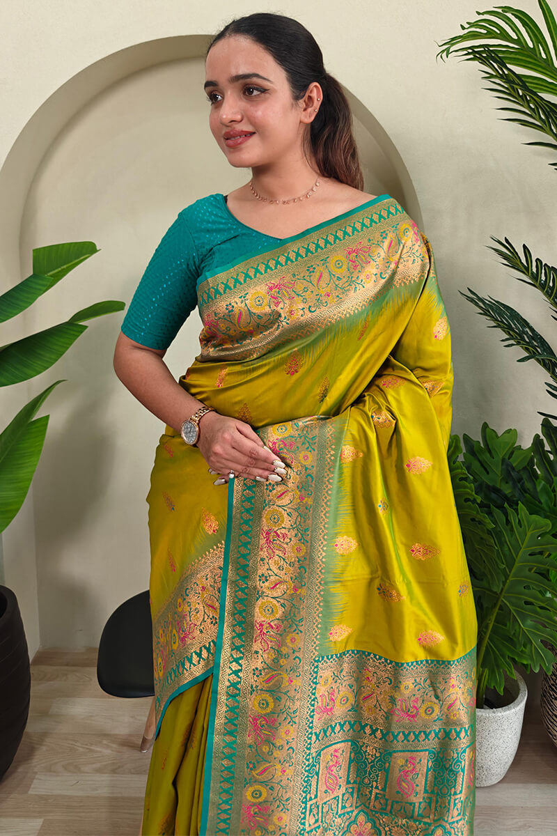 Olive Yellow Zari Woven Banarasi Silk Saree