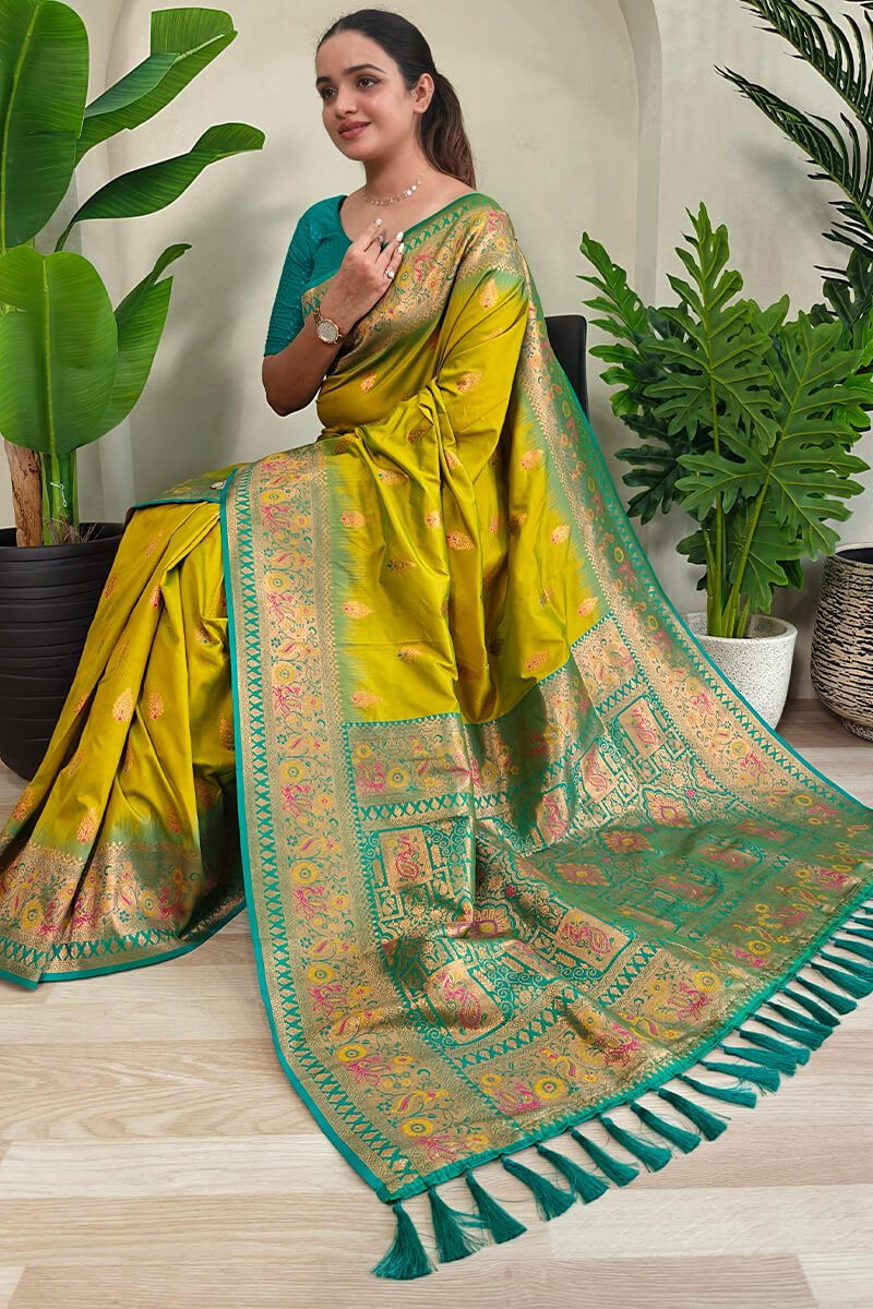 Olive Yellow Zari Woven Banarasi Silk Saree