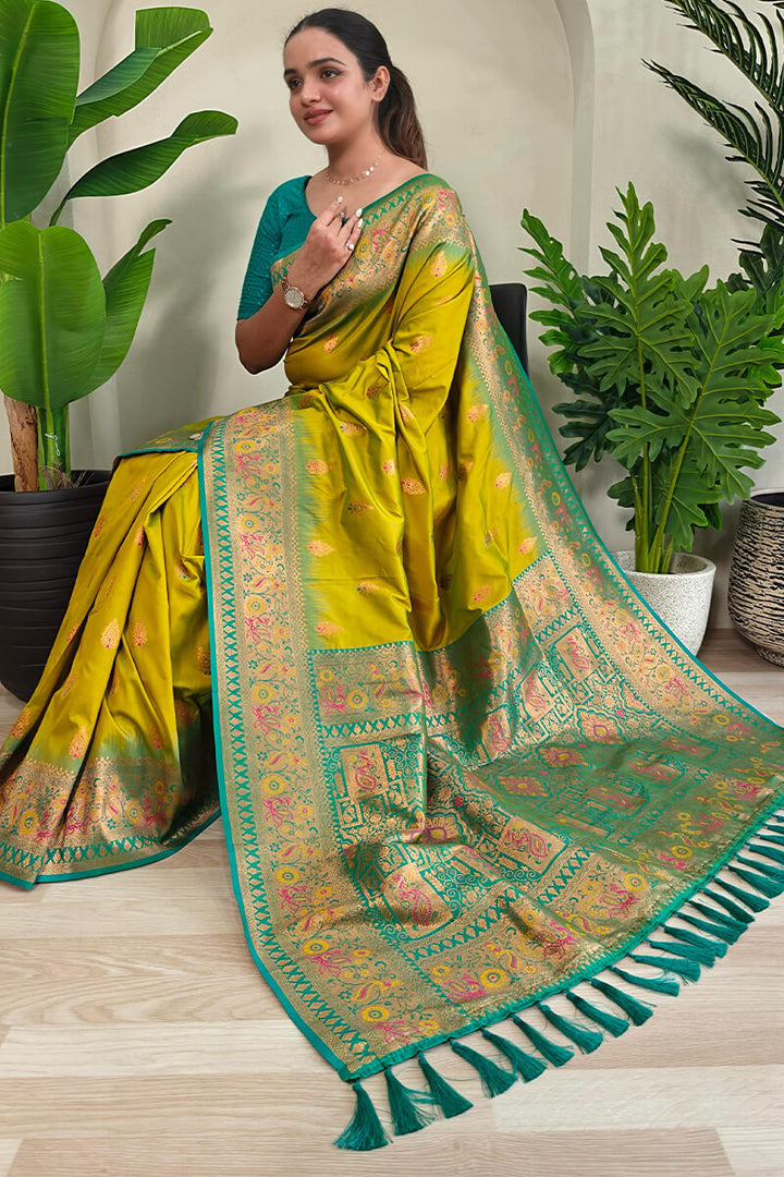 Olive Yellow Zari Woven Banarasi Silk Saree