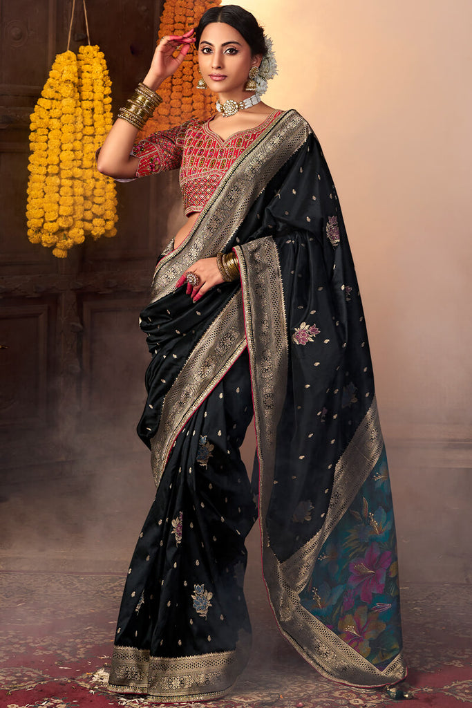 Onyx Black Pure Silk Saree With Embroidery Blouse