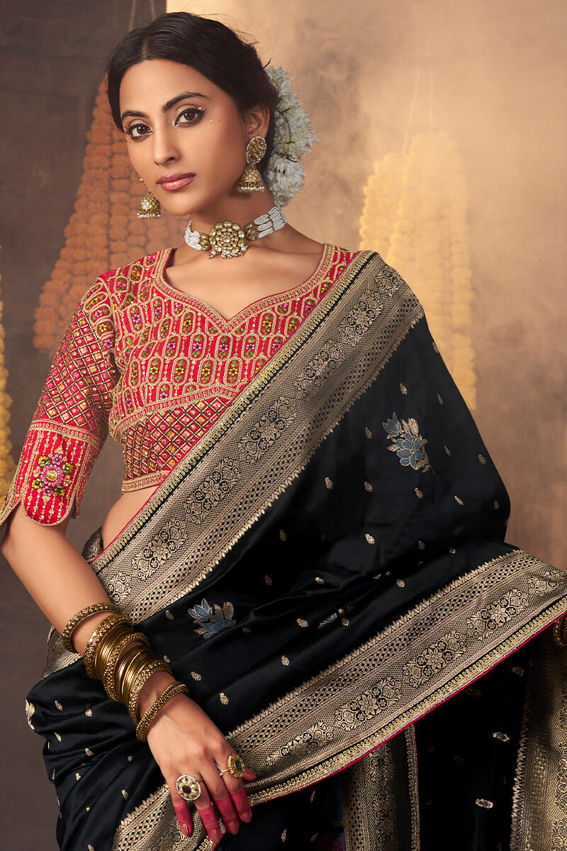 Onyx Black Pure Silk Saree With Embroidery Blouse