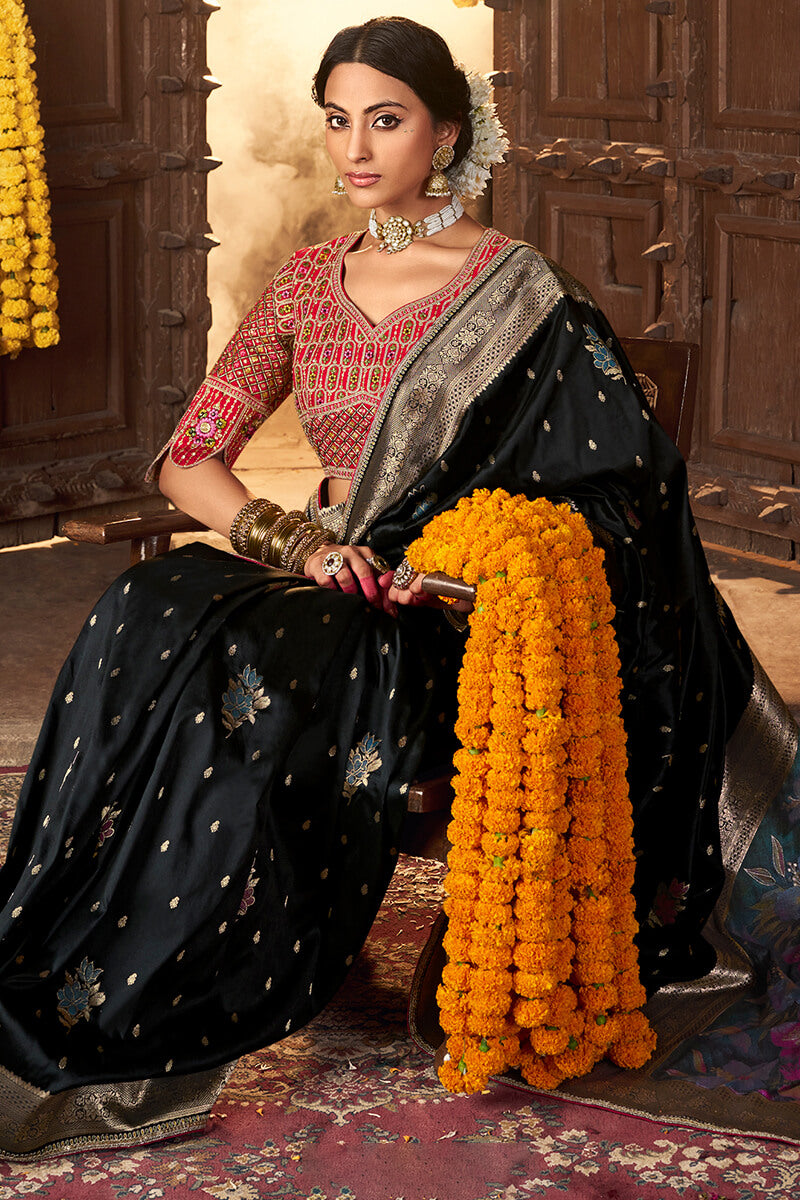 Onyx Black Pure Silk Saree With Embroidery Blouse