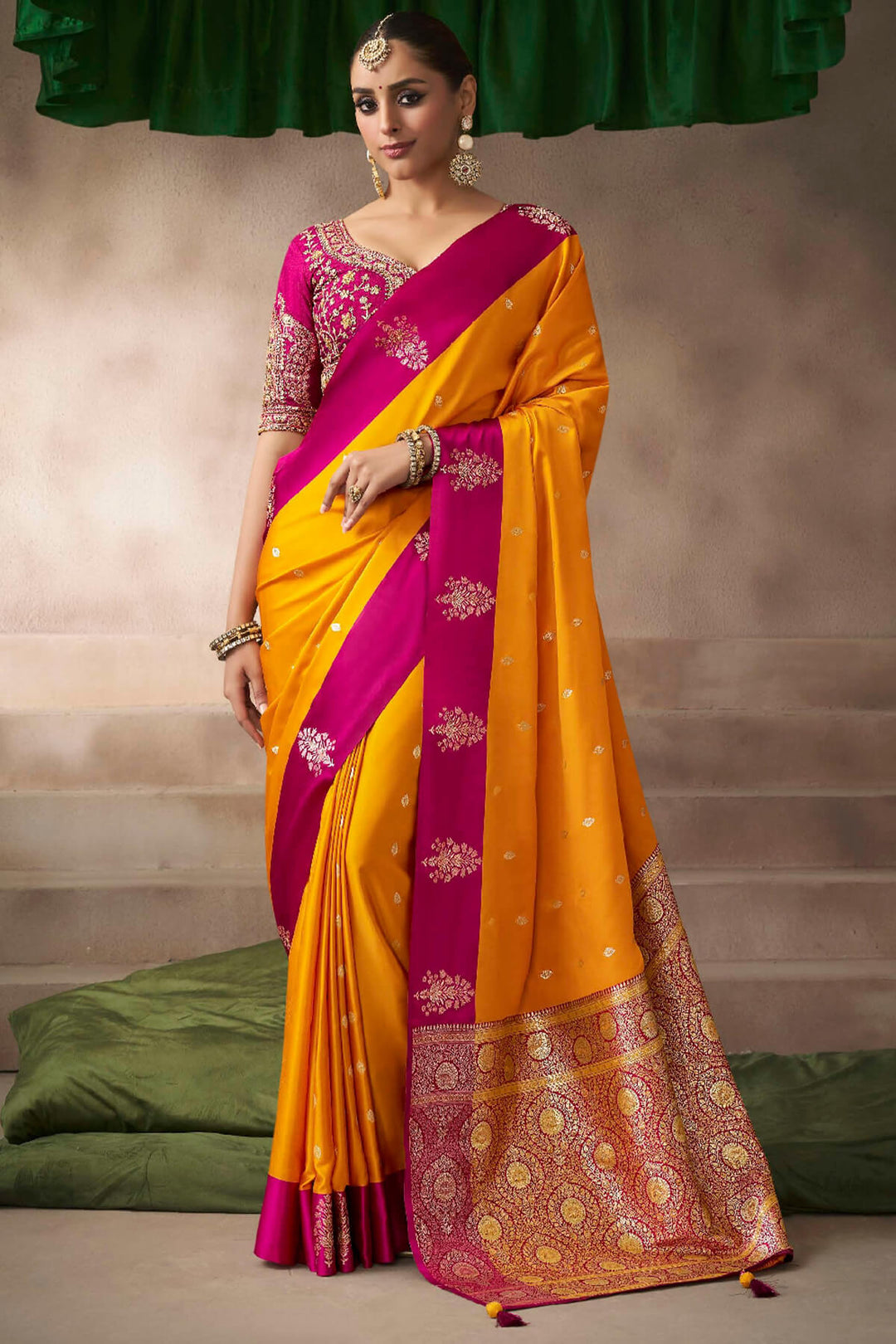Orangey Yellow Zari Woven Satin Silk Saree With Heavy Embroidery Blouse Piece
