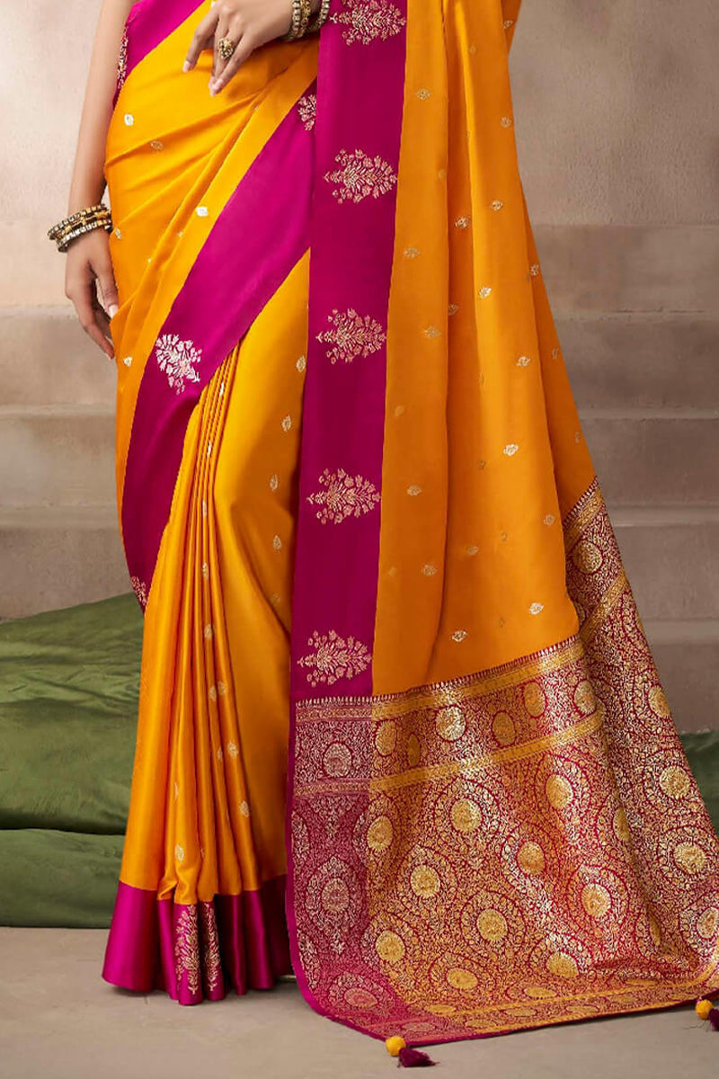 Orangey Yellow Zari Woven Satin Silk Saree With Heavy Embroidery Blouse Piece