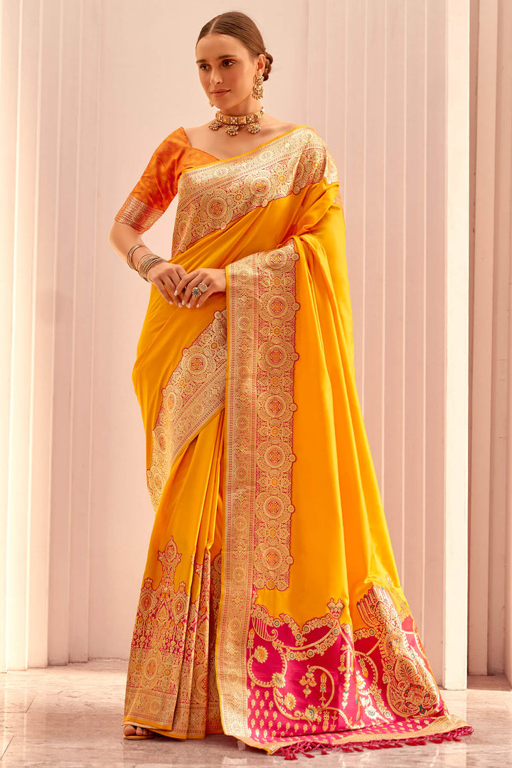 Orangey Yellow Zari Woven Soft Banarasi Silk Saree
