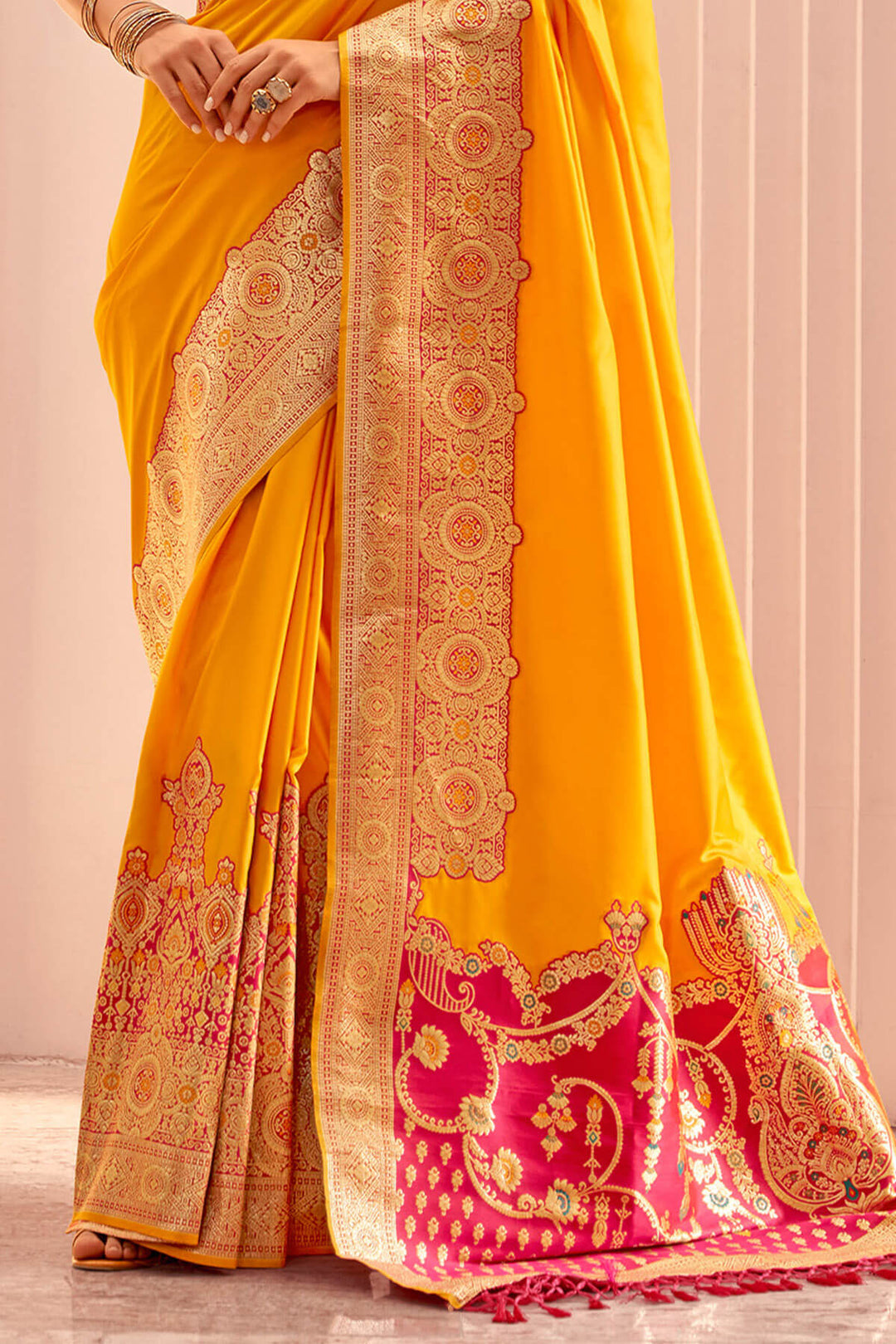 Orangey Yellow Zari Woven Soft Banarasi Silk Saree