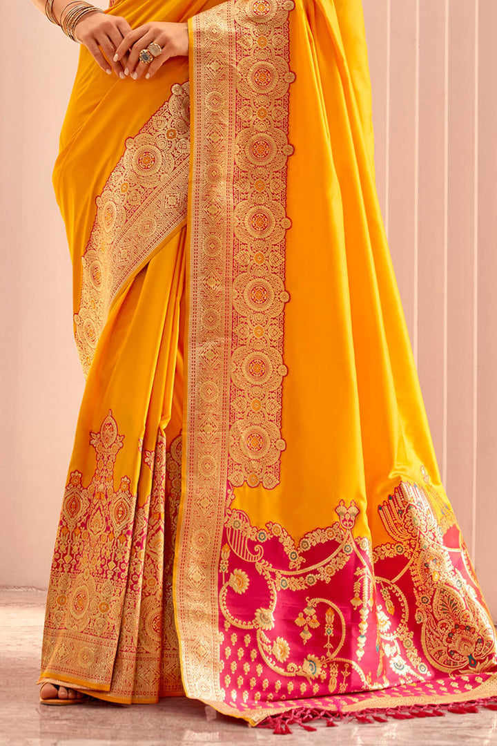 Orangey Yellow Zari Woven Soft Banarasi Silk Saree