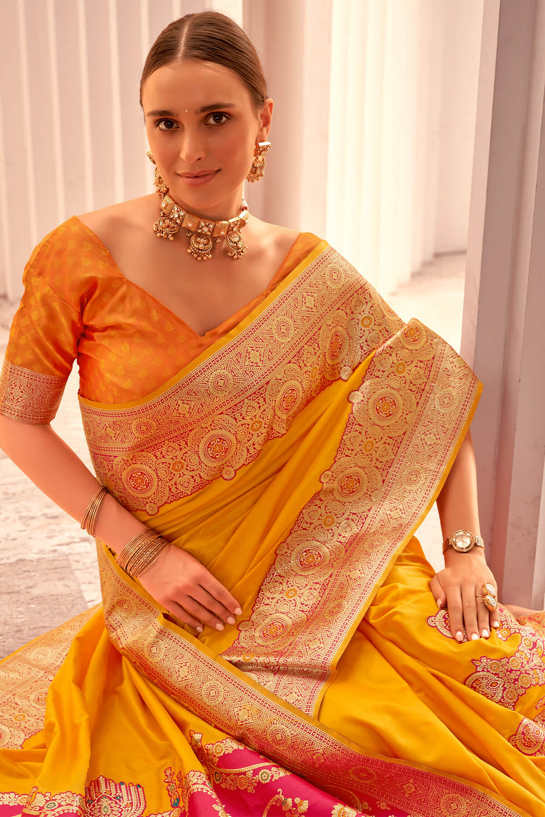 Orangey Yellow Zari Woven Soft Banarasi Silk Saree