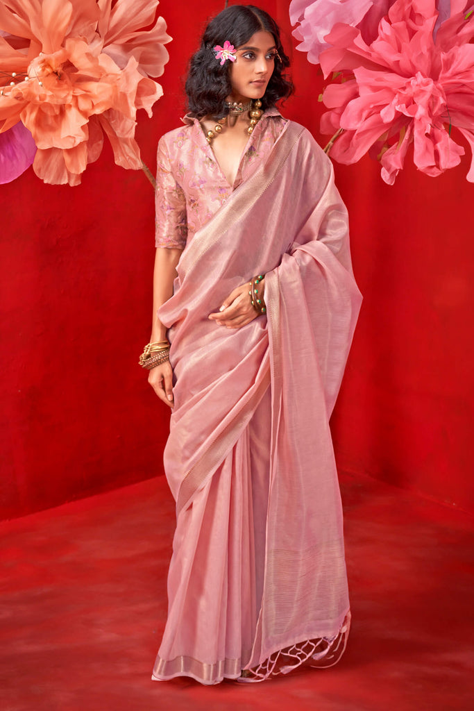 Oriental Pink Zari Woven Pure Tissue Silk Saree