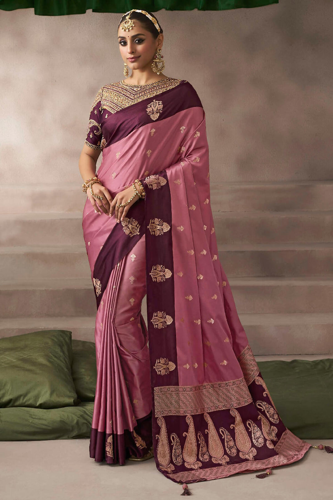 Oriental Pink Zari Woven Satin Silk Saree With Heavy Embroidery Blouse Piece