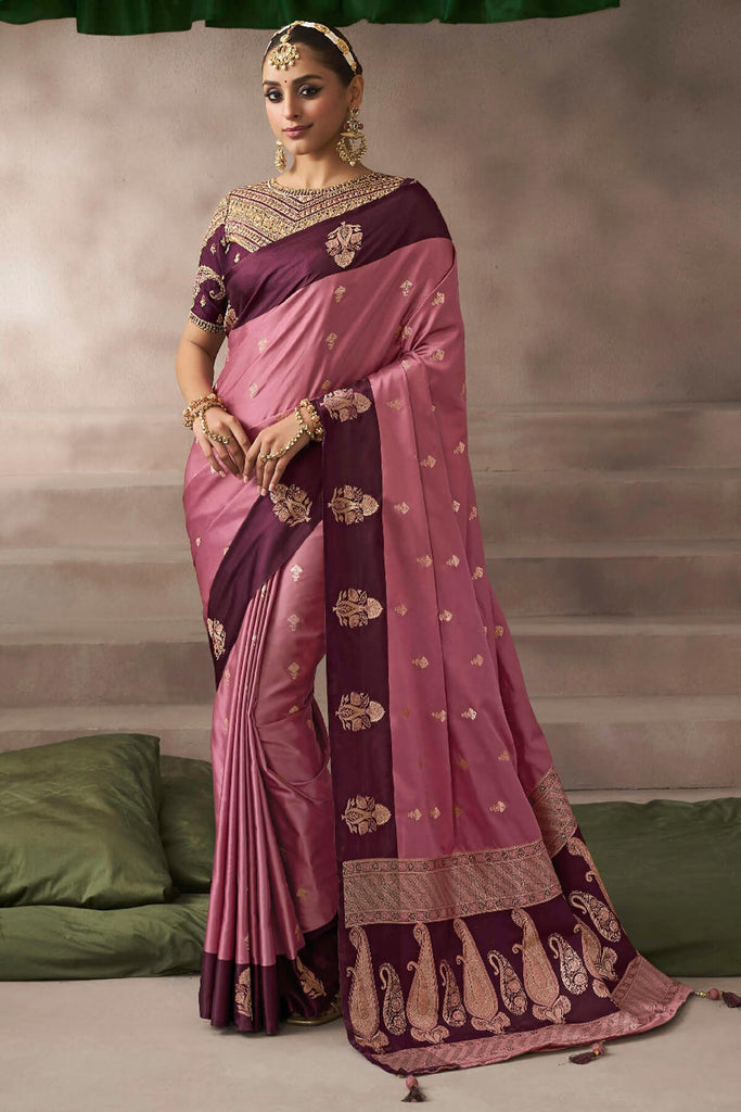 Oriental Pink Zari Woven Satin Silk Saree With Heavy Embroidery Blouse Piece