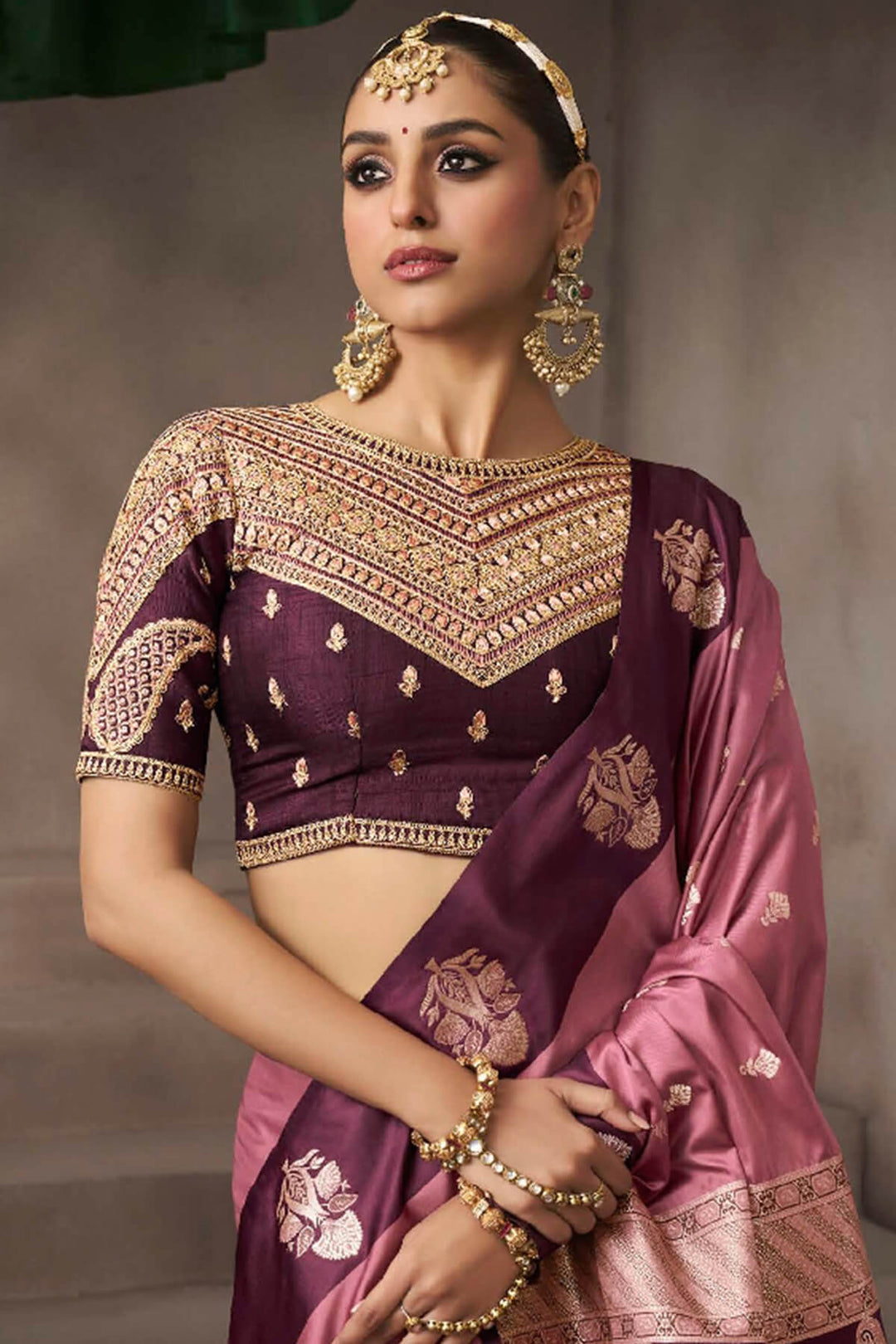 Oriental Pink Zari Woven Satin Silk Saree With Heavy Embroidery Blouse Piece