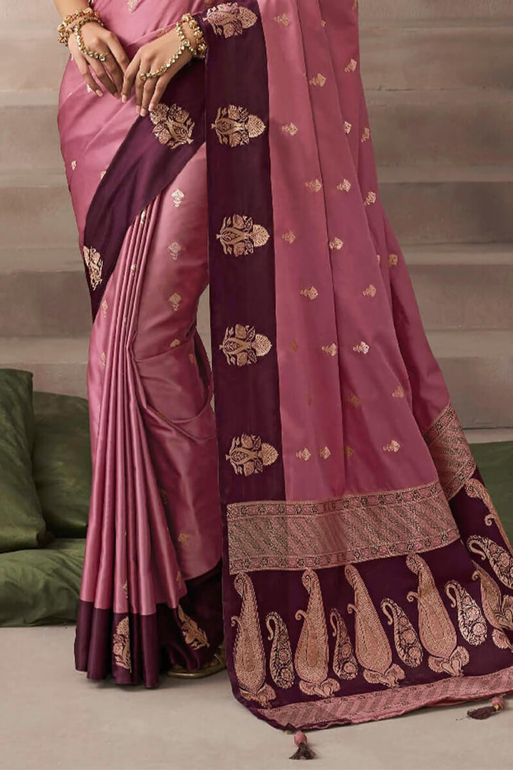 Oriental Pink Zari Woven Satin Silk Saree With Heavy Embroidery Blouse Piece