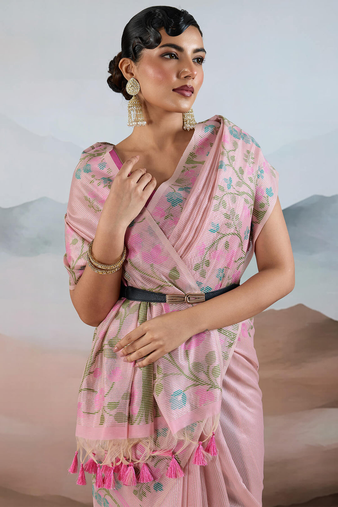 Oyster Pink Pure Tissue Silk Saree