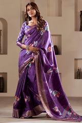 Palatinate Purple Foil Printed Dola Silk Saree