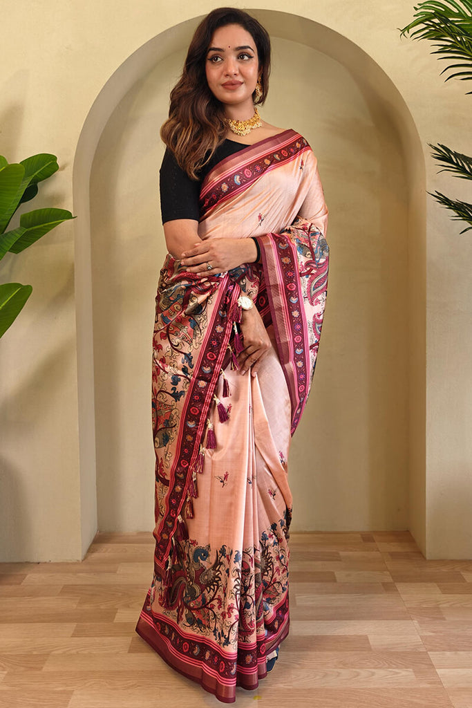 Pale Peach Kalamkari Digital Printed Pure Dola Viscos saree