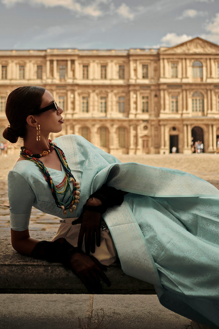 Pale Sky Blue Zari Woven Banarasi Satin Silk Saree
