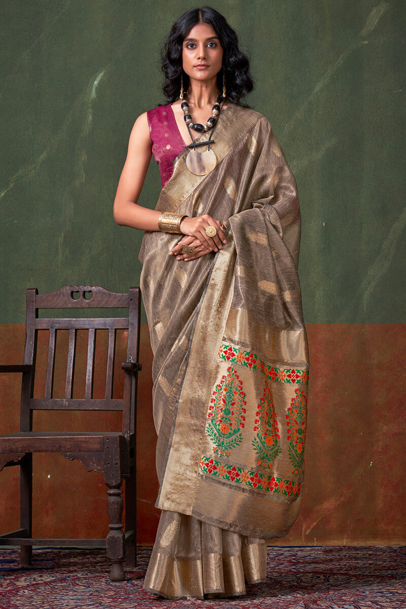 Pastel Brown Paithani Tissue Silk Saree