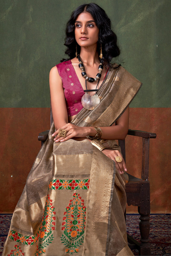 Pastel Brown Paithani Tissue Silk Saree