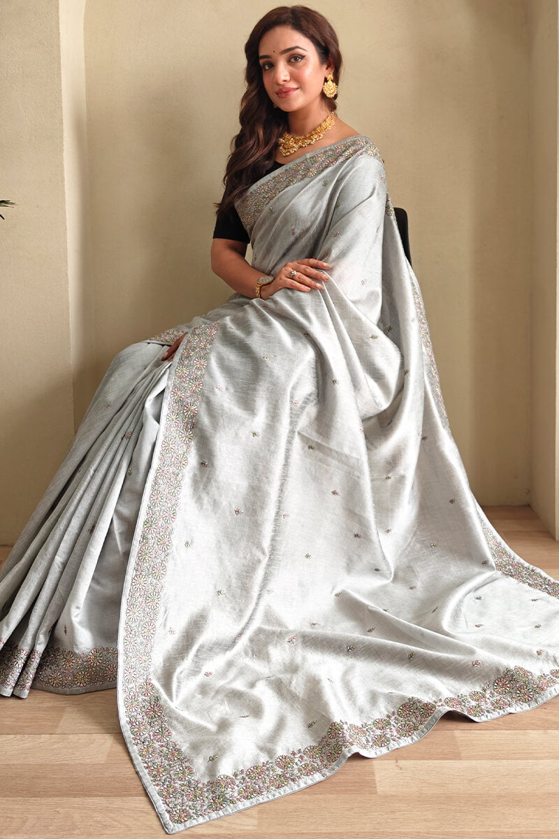 Pastel Grey Embroidered Pure Loom Tussar Silk Saree