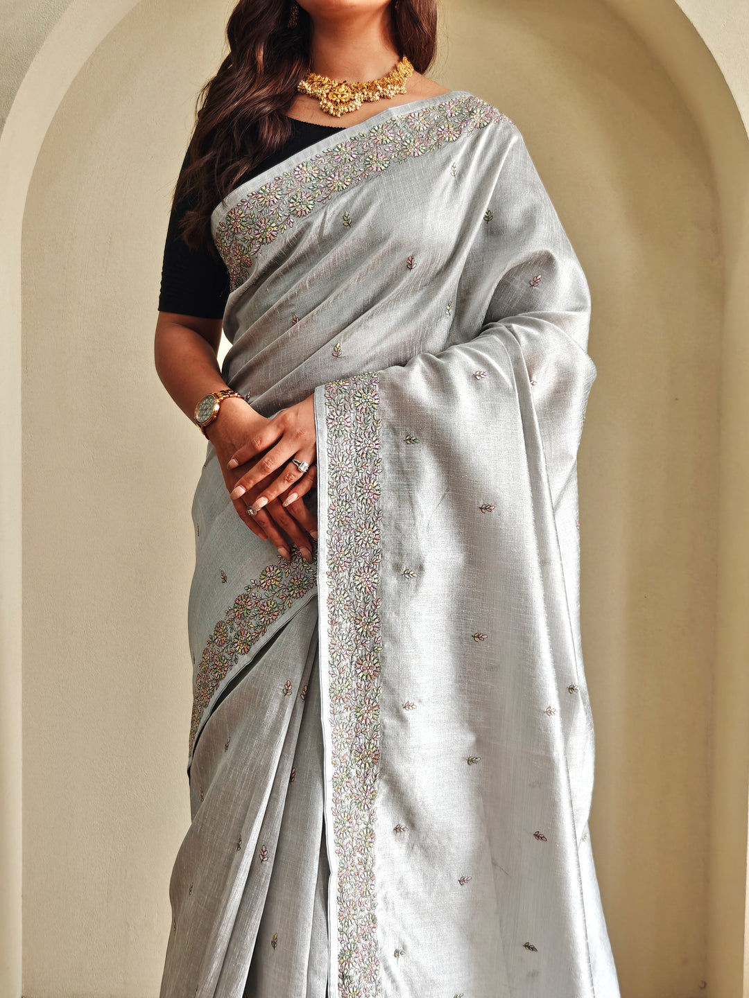 Pastel Grey Embroidered Pure Loom Tussar Silk Saree