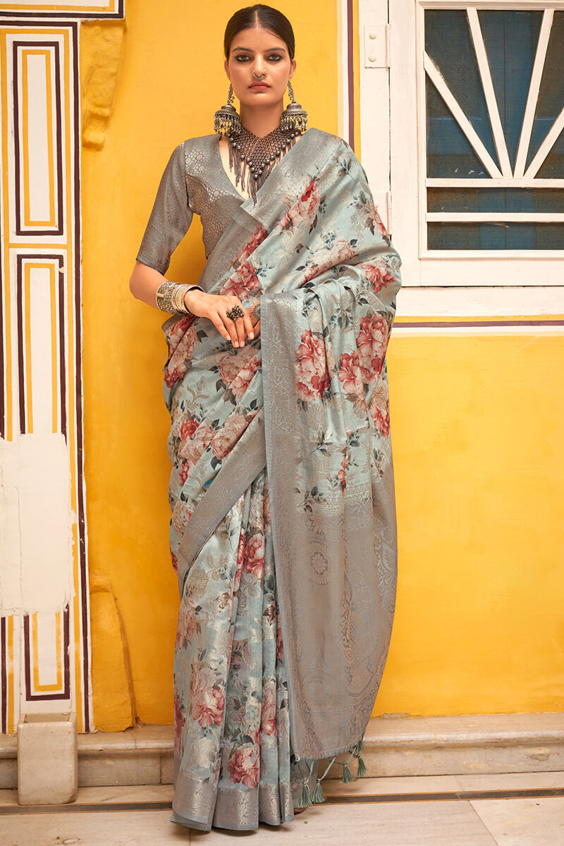 Pastel Grey Zari Woven Digital Printed Soft Cotton Silk Saree
