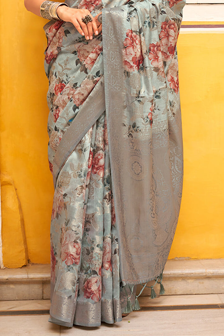 Pastel Grey Zari Woven Digital Printed Soft Cotton Silk Saree