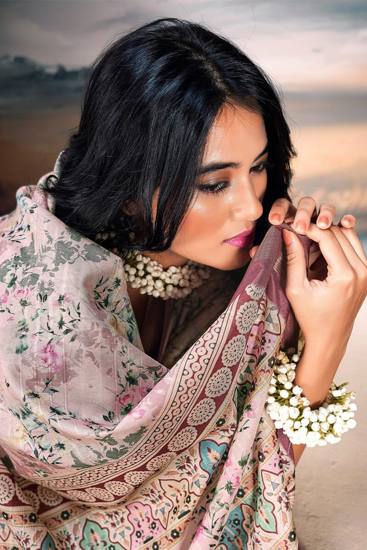 Pastel Pink Digital Printed Cotton Saree