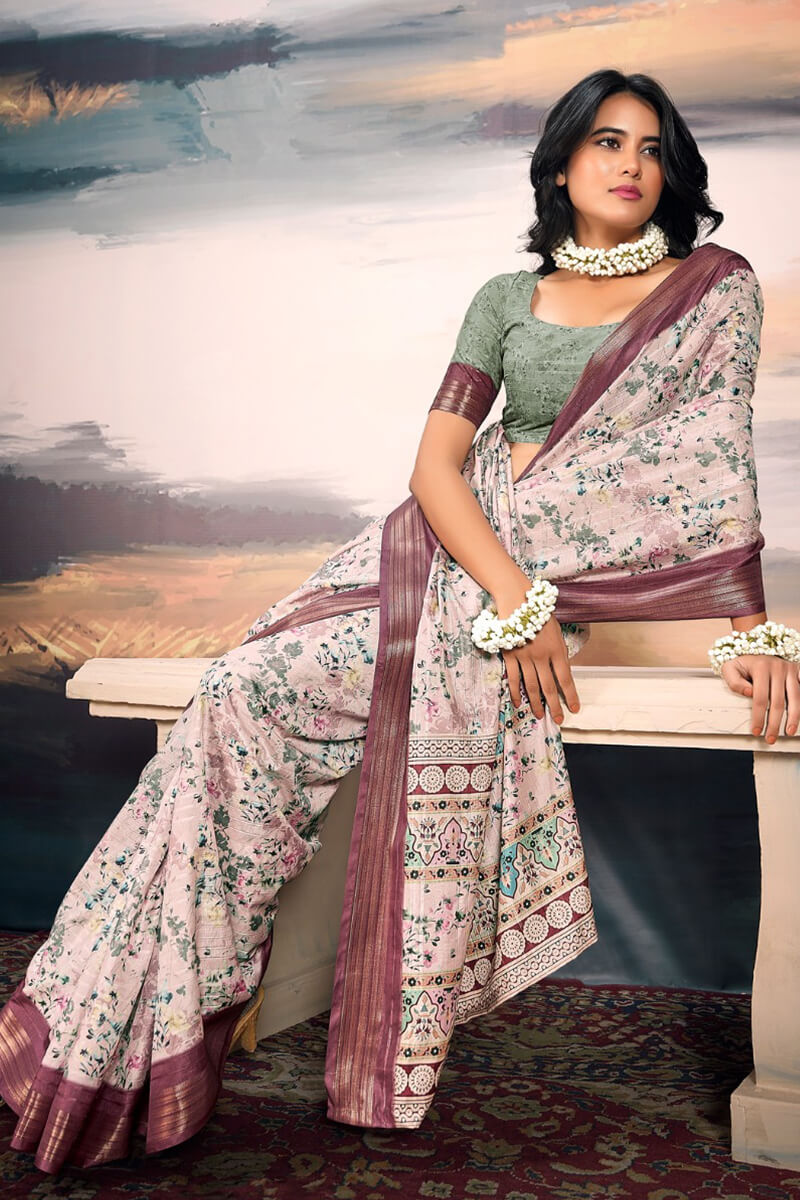 Pastel Pink Digital Printed Cotton Saree