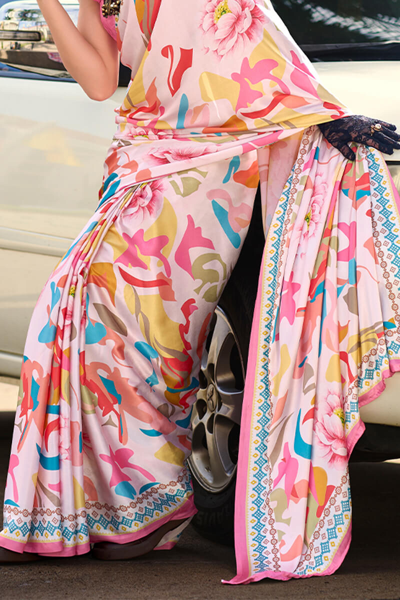 Pastel Pink Printed Satin Crepe Silk Saree