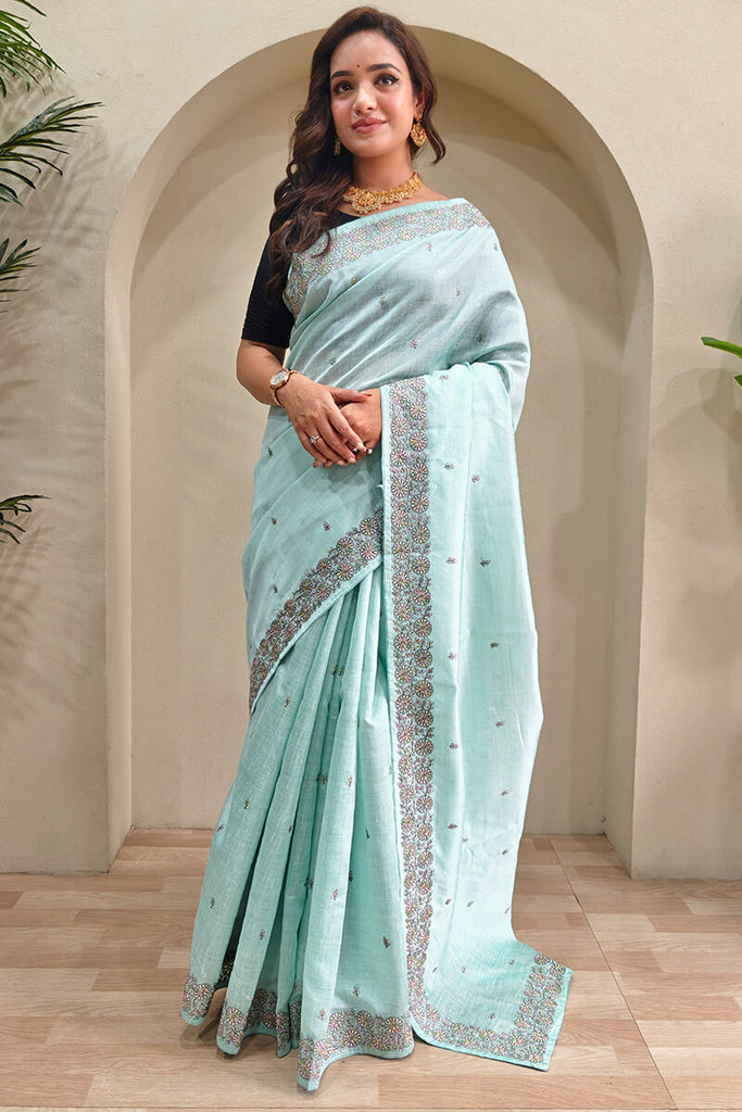 Pattens Blue Embroidered Pure Loom Tussar Silk Saree