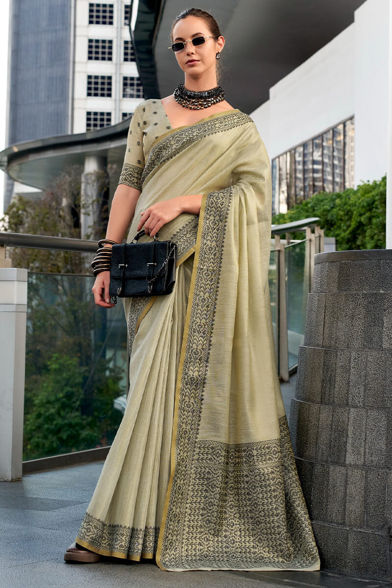 Pavlova Beige Linen Tissue Silk Saree