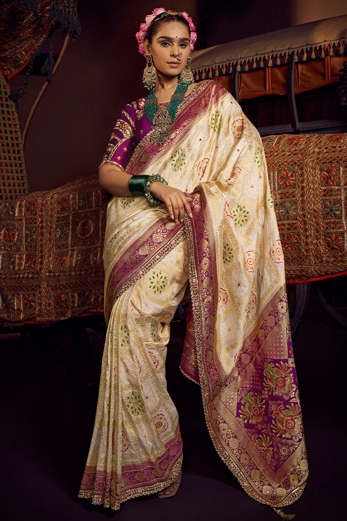 Pavlova Beige Pure Viscose Dola Silk Saree With Embroidery Blouse