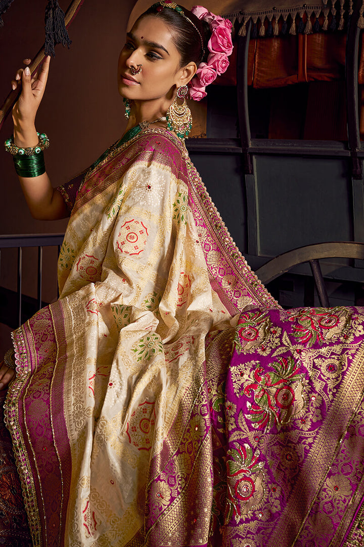 Pavlova Beige Pure Viscose Dola Silk Saree With Embroidery Blouse