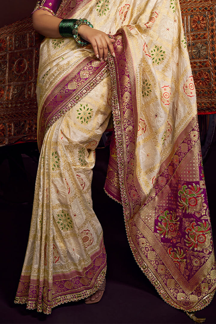 Pavlova Beige Pure Viscose Dola Silk Saree With Embroidery Blouse