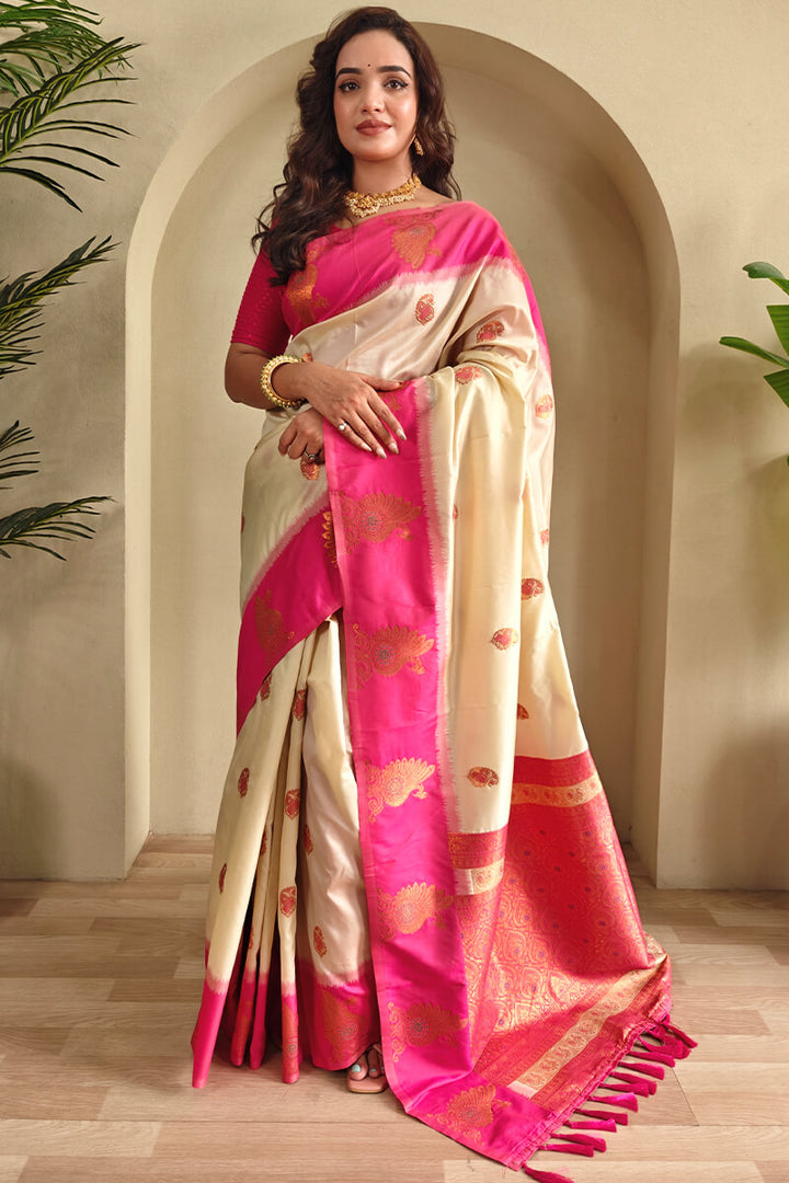 Pavlova Beige Soft Banarasi Silk Saree With Chaap Border