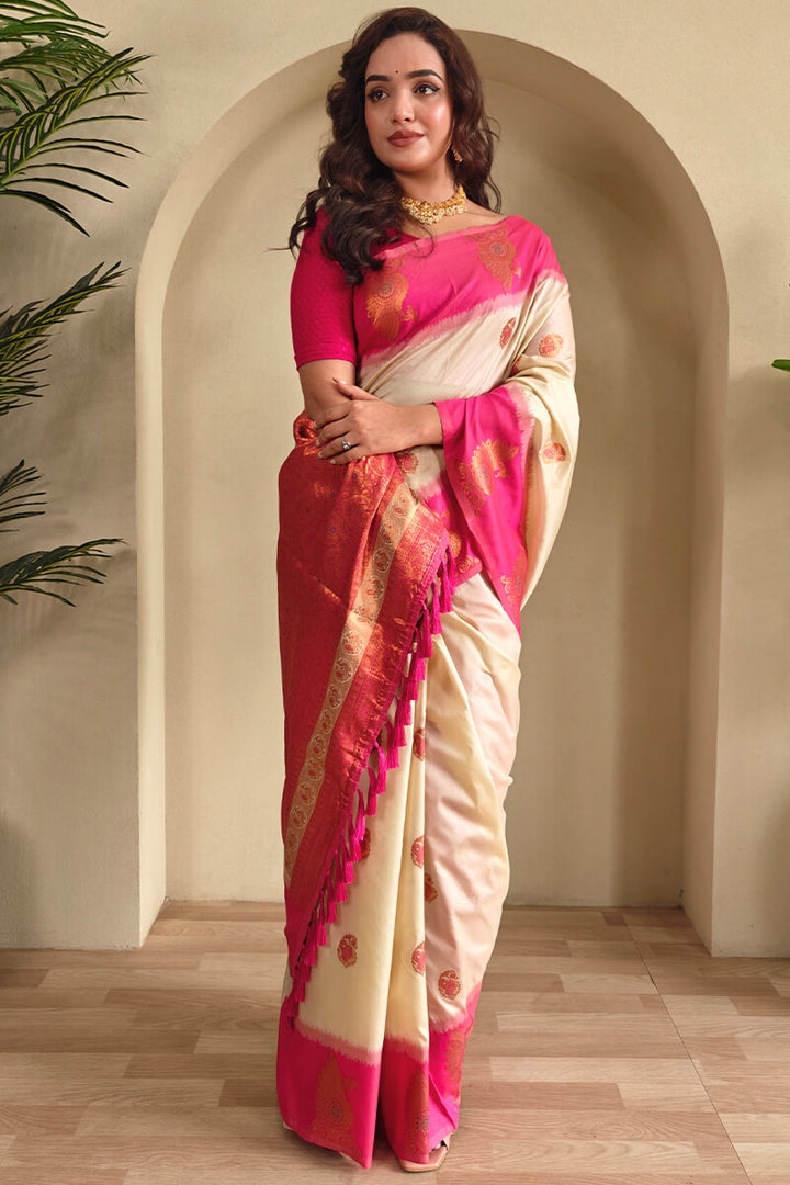 Pavlova Beige Soft Banarasi Silk Saree With Chaap Border