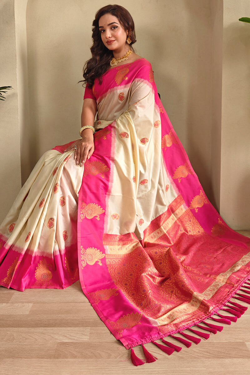 Pavlova Beige Soft Banarasi Silk Saree With Chaap Border