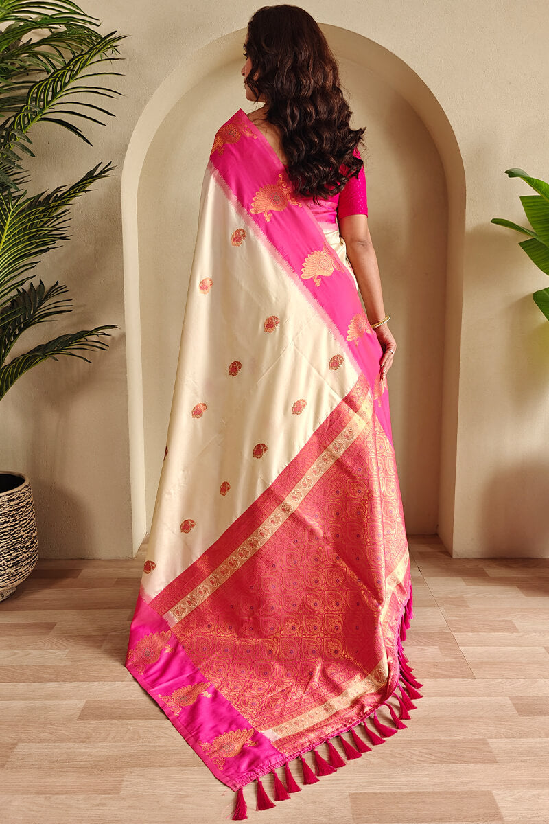 Pavlova Beige Soft Banarasi Silk Saree With Chaap Border