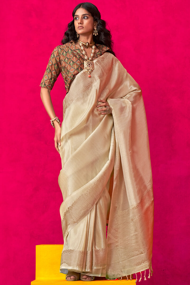 Pavlova Beige Tissue Silk Saree With Embroidery Blouse Piece