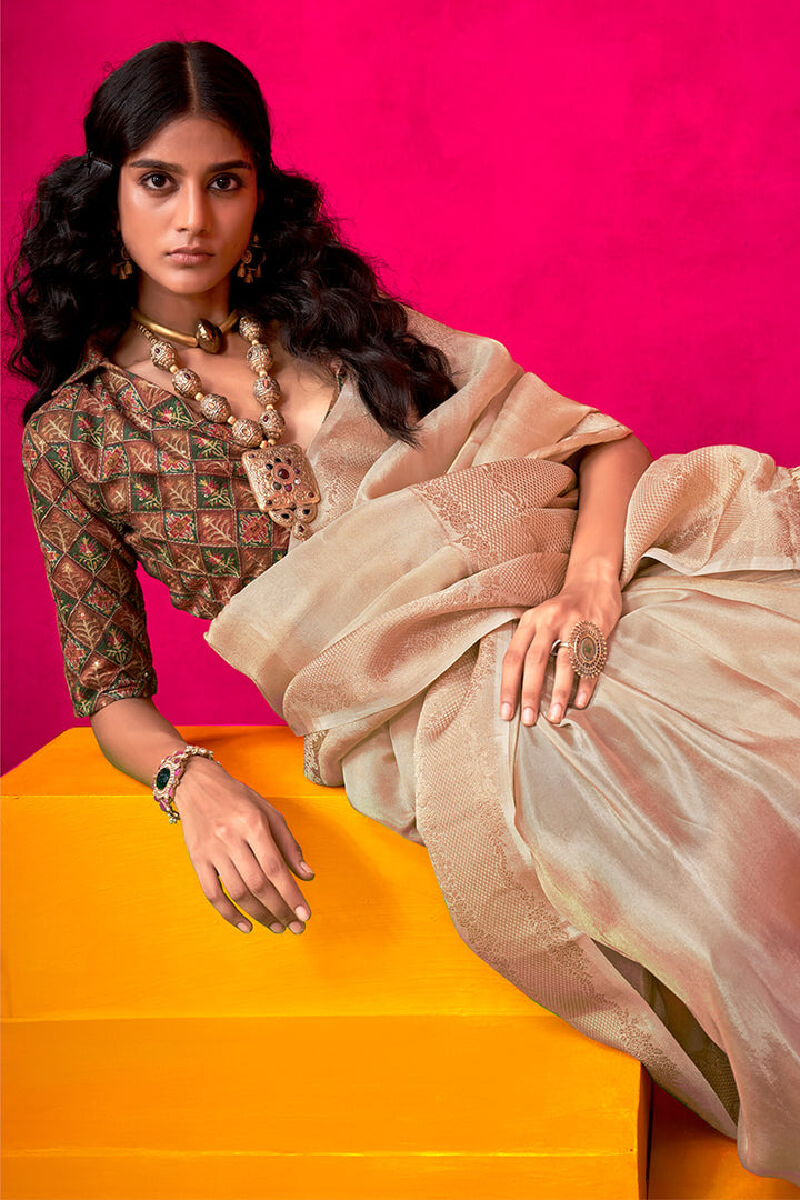 Pavlova Beige Tissue Silk Saree With Embroidery Blouse Piece