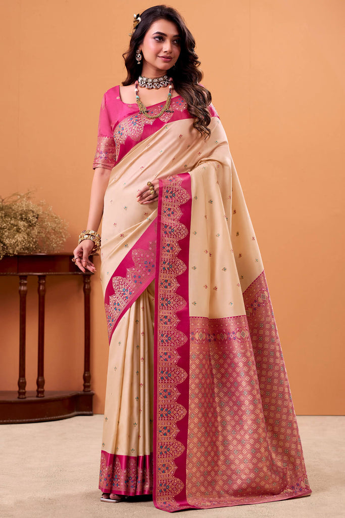 Pavlova Beige Zari Woven Satin Silk Saree