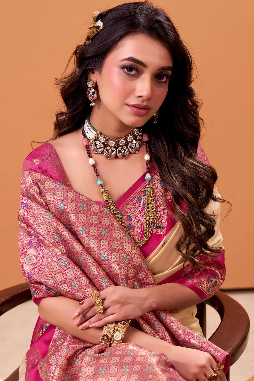 Pavlova Beige Zari Woven Satin Silk Saree