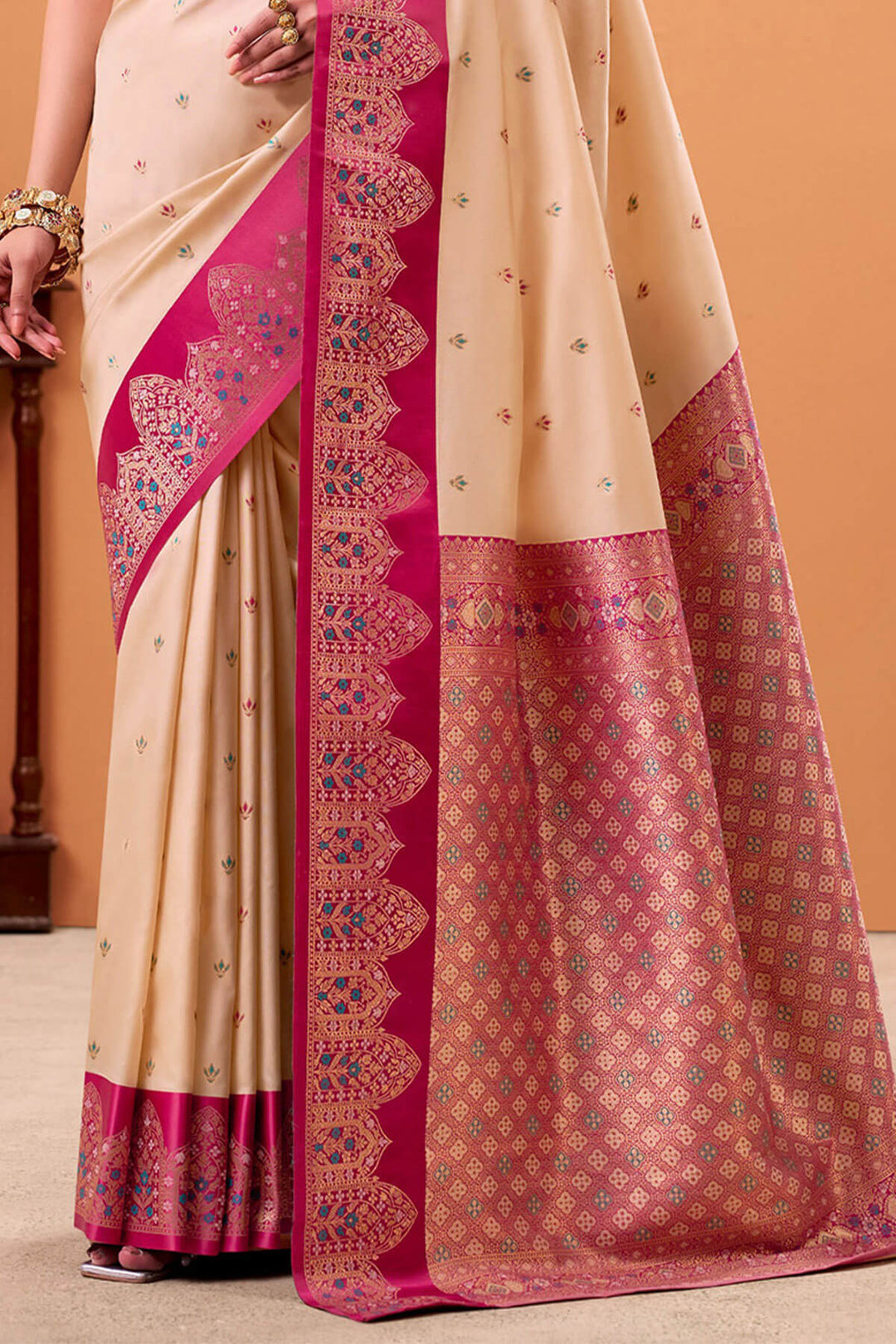 Pavlova Beige Zari Woven Satin Silk Saree