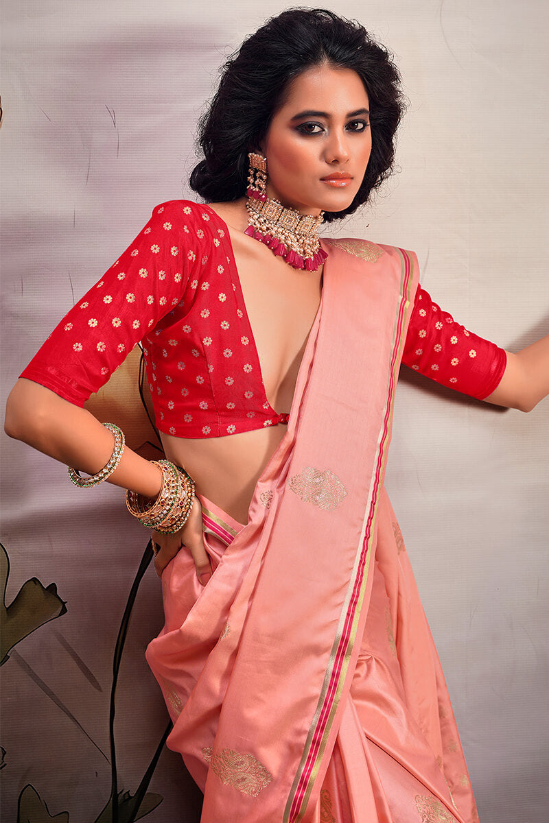 Peachy Pink Banarasi Satin Silk Saree
