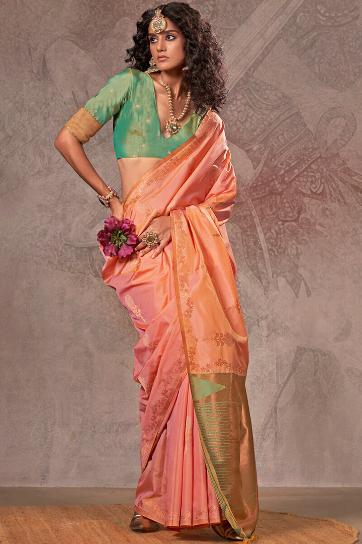 Peachy Pink Banarasi Two Tone Silk Saree